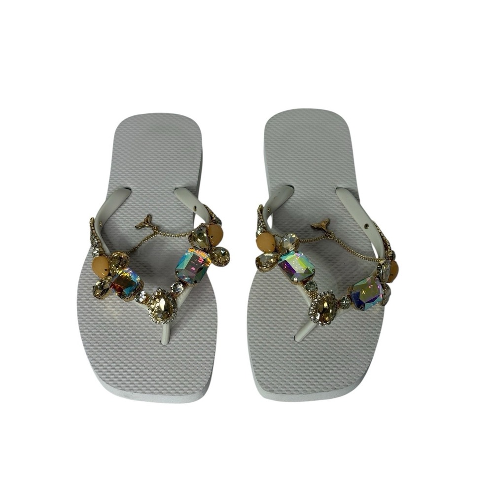 White Flip Flop Sandals‎ With Rhinestones Dolphin Tail On Chain Women's 8